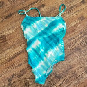 Kona Sol Straight Neck Medium Coverage One Piece Aqua Tie-Dye Swimsuit, S NWT